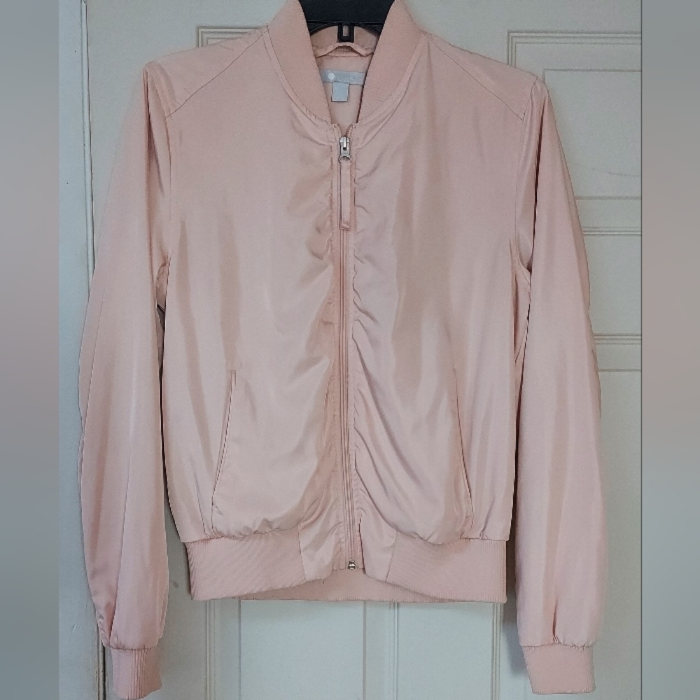 Zella Satin Bomber Baseball Biker Jacket Women Sm Pastel Peach Blush Full Zip
